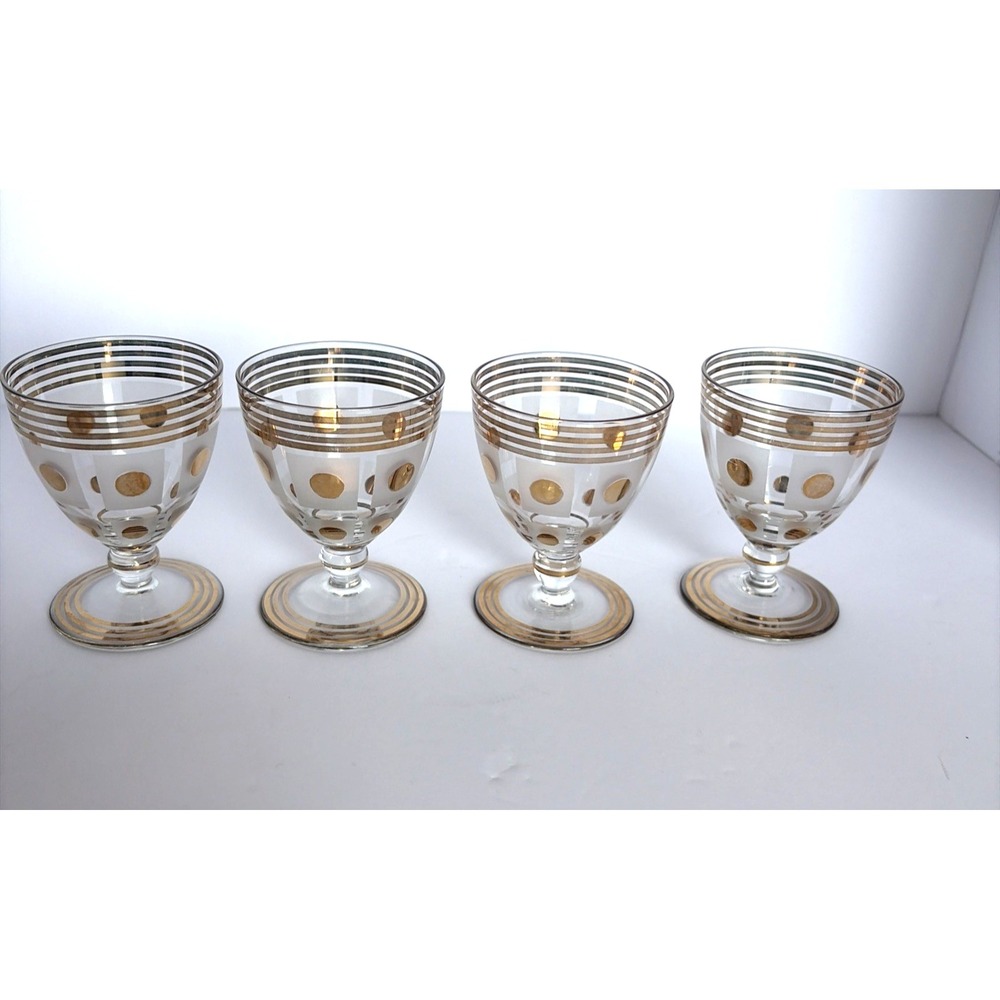 Vintage MCM Cordial‎ Glasses -Set of 4 Gold Metallic Dots Dorothy Thorpe Style